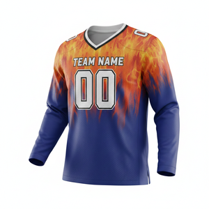 Maillot de football américain personnalisé unisexe pour adultes, manches longues, respirant, anti-UV, anti-bactérien, séchage rapide, grande taille, col en V, 100% coton - Product Image 1