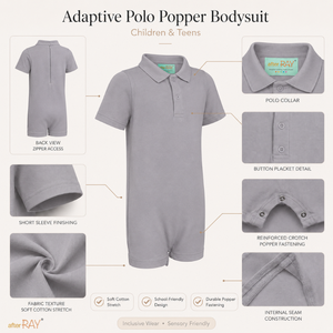 Light Grey Polo Bodysuit | Special Kids Sensory Clothing Inclusive Wear Cotton Stretch Zipper Closure Unisex All Seasons Skin - Product Image 3