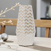 Vas Bunga Meja Heksagonal Bersegi Tinggi Tanpa Lapisan, Mosaik Chevron Emas dengan Inlay Mutiara Alami Buatan Tangan Mewah