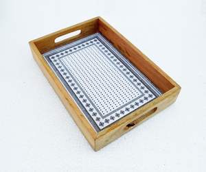 Plateau décoratif en bois de manguier avec impression émaillée, design de haute qualité, plateau de service en bois, plateau à impression émaillée à prix très bas - Product Image 2