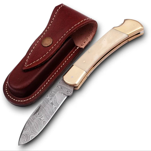มีดพับปลายแหลมคมกริบ ด้ามทำจากกระดูกอูฐ เหล็กดามัสกัสคุณภาพสูง สำหรับตั้งแคมป์กลางแจ้ง พกพาสะดวก พร้อมปลอก มีบริการ OEM ขั้นต่ำในการสั่งซื้อน้อย - Product Image 1