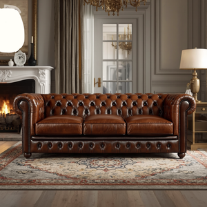 Sofá Chesterfield de Cuero Marrón de 3 Plazas, Proveedor de Fábrica, Sofá Clásico Acolchado para Sala de Estar, Muebles de Hotel para Exportación - Product Image 1