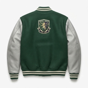 Blouson universitaire style bomber en techniques mixtes, corps en laine originale, manches en similicuir, style personnalisé, col et poignets en tricot côtelé, boutons-pression, décontracté - Product Image 2