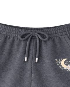 <b>Women</b> Ribbed Crop Tank Top And Drawstring <b>Shorts</b> Set Charcoal <b>Grey</b> Moon Floral Zodiac Embroidery Casual Lounge Two Piece Outfit - Product Image 4