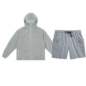 High Quality <b>Lightweight</b> Hooded Windbreaker Short Set Zipper Jacket Satin Jogger Shorts Unisex Winter Running Exercise Quick Dry - Product Image 3