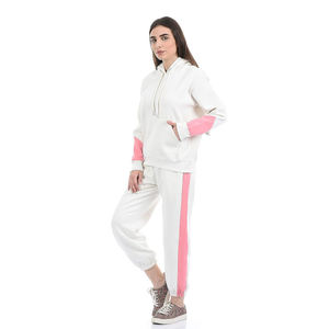 <b>Women</b> <b>White</b> Pink Color Block Hoodie And <b>Joggers</b> Set Casual Knitted Full Sleeve Autumn Wear - Product Image 4