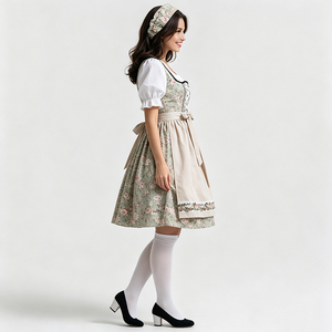 Robe Dirndl brodée respirante mi-longue pour femme, costume bavarois 3 pièces pour l'Oktoberfest, blanc, avec tablier beige à lacets, Trachten - Product Image 5