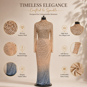 Women Champagne <b>Sequin</b> Wedding Maxi Dress High Neck Long Sleeve Ruched Ombre Embellished Bridal Gown Formal Reception Evening - Product Image 5