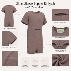 Combinaison marron chocolat |   Vêtements sensoriels spéciaux pour enfants, vêtements inclusifs à manches courtes, fermeture éclair, coton extensible, unisexe, respirant - Product Image 3