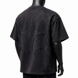 Camiseta de Manga Corta para Hombre, Negra, con Patrón Geométrico en Relieve, Corte Regular, Cuello Redondo, Informal, Tejida, 100% Algodón - Product Image 3