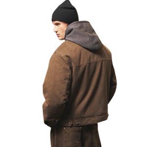 Blouson matelassé en twill lavé pour homme, veste légère zippée avec col en cuir, veste d'extérieur tendance en marron - Product Image 6