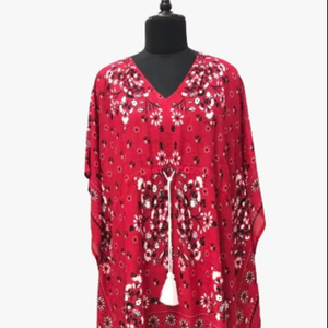 Kaftan imprimé floral vintage vibrant, col en V, tunique d'été, rouge, noir, blanc, imprimé en relief, en coton, sans manches, avec ceinture – Vente chaude - Product Image 1