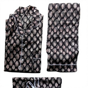 Lightweight Custom Block Printing Fabric Pajama Set Button <b>Down</b> Shirt & Elastic Waist Bottom <b>Pant</b> Comfy Sleepwear Women Clothing - Product Image 1