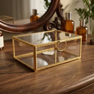 Artisan Design B79 Rectangular Glass Jewelry Box with Brass Frame and Ring Handle Modern Storage Organizer for <b>Bedroom</b> <b>Vanity</b> - Product Image 1