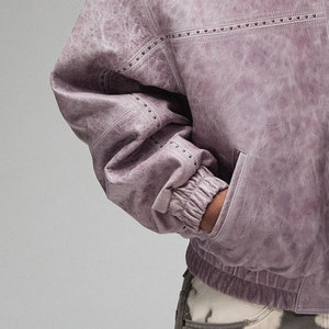 Men's Purple Leopard Print Genuine Leather Waterproof Reversible Breathable Hooded Bomber <b>Jacket</b> Embroidery Zipper Front Loose - Product Image 3