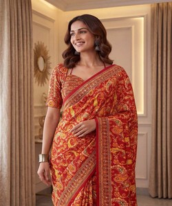 Traditional <b>Red</b> Cotton <b>Saree</b> With Print Floor-Length Sari For Women Wedding Wear India Pakistan Ethnic Style 85324 DVD ON5176 - Product Image 3