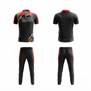 Wealthy Black Red <b>Cricket</b> Sports Polo <b>Shirt</b> with Cotton Jogger Pants Set Breathable Polyester Training Kit - Product Image 1
