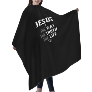 Capa de Peluquería Negra Impermeable de PVC y Poliéster con Diseño de Jesús, el Camino, la Verdad y la Vida - Product Image 3