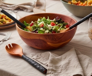 Ensemble de saladiers faits à la main en bois brun de qualité supérieure avec manche noir martelé, parfait pour la vaisselle et les repas. - Product Image 6