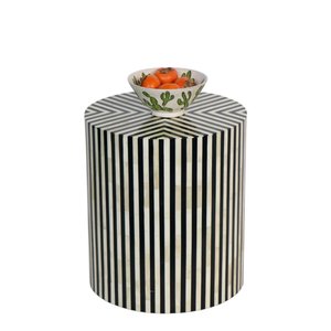 Round Black And <b>White</b> Striped MDF <b>Wardrobe</b> Side Table With Lacquer Finish Contemporary Design For Living Room and Home decor - Product Image 1