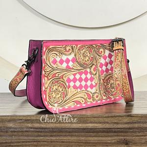 Bolsos cruzados de cuero a cuadros con diseño floral en rosa y blanco, modernos y de primera calidad, bolsos de hombro de cuero genuino para mujer. - Product Image 1