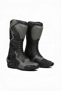 Botas de moto para hombre, negras y grises, de media caña, con cierre de cremallera, parte superior de cuero genuino, forro de felpa, entresuela de EVA, suela de goma, impermeables - Product Image 1