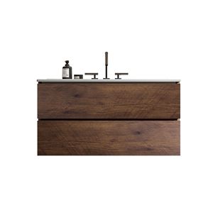 Mobile bagno sospeso TIA da 36 pollici in noce con ampio spazio contenitivo, lavabo in ceramica e design per tre fori per rubinetti - Product Image 1