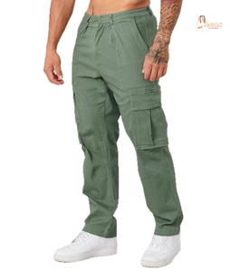 Pantalon de travail décontracté pour homme, 100 % coton, taille haute, léger, en toile, multi-poches, coupe droite ample et tendance - Product Image 1
