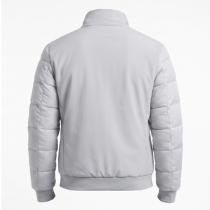 Chaqueta Bomber de Hombre Casual Minimalista Gris Claro con Mangas Acolchadas Horizontales, Cuello Alto y Dobladillo Acanalado de Softshell - Product Image 4