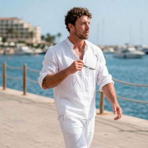 Custom Men's White Linen 2 Piece Set Summer Beach Casual Long Sleeve Henley Shirt - Product Image 3