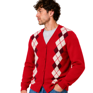 <b>Mens</b> Autumn Red Argyle V Neck <b>Cardigan</b> Knitted <b>Sweater</b> Diamond Pattern Button Front Long Sleeve Classic Casual Soft 100% - Product Image 1