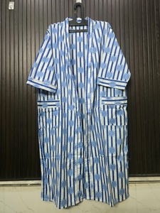 Bata Larga de Verano para Mujer, con Estampado de Rayas Azules y Sol, Manga Larga, Cuello en V, Elegante, 100% Algodón Suave Tejido, Largo Completo - Product Image 2