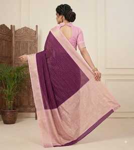 <b>Purple</b> And Pink MYSORE Silk <b>Saree</b> With Striped Design Traditional Indian Wedding Wear For Women - Product Image 3