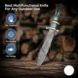Couteau Bowie en acier Damas fait main sur mesure avec manche en os de chameau coloré et étui en cuir, idéal pour la chasse, le camping, cadeau OEM idéal pour lui - Product Image 2