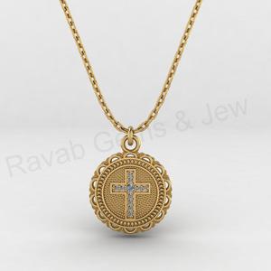 Pendentif religieux chrétien de luxe géométrique rond de 18 mm en argent 925 plaqué or 14 carats avec croix pavée de CZ, bijoux fins pour hommes - Product Image 1
