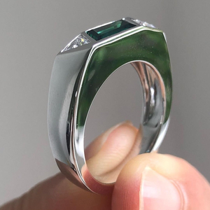Green Emerald Cut <b>Cz</b> 3 Stone <b>Ring</b> White Gold Engagement <b>Ring</b> 10K Solid Gold Bezel Set Wedding <b>Ring</b> Gift Moissanite <b>Rings</b> - Product Image 6