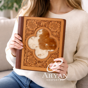 Western Tooled <b>Leather</b> Portfolio <b>Folder</b> with Hairon Inlay Premium Handmade Executive Organizer Trendy <b>A4</b> File Business Gifts - Product Image 1