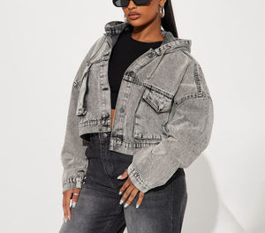 Chaqueta Corta de Mezclilla con Capucha para Mujer, Estilo Clásico Casual, Elástica, Ecológica, Reversible, Manga Larga, Cuello con Capucha, Primavera Invierno - Product Image 4