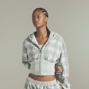 Custom Logo <b>Womens</b> <b>Tartan</b> Plaid Cropped Hoodie Wide Ribbed Hem Drawstring Long Sleeve Pullover Sweatshirt - Product Image 2