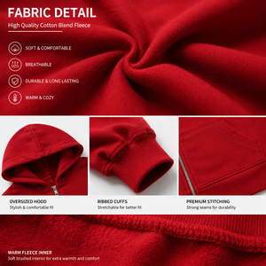 Sweat-shirt à capuche zippé rouge surdimensionné personnalisé pour homme avec logo en strass, style streetwear épais, décontracté, hip-hop - Product Image 5