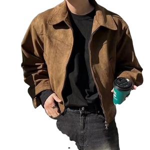 เสื้อแจ็คเก็ตสั้นมีซิปปกทรงหลวมสำหรับผู้ชายหนังแท้สีน้ำตาลทึบหรูหรามีปกแบบวินเทจใหม่สำหรับฤดูหนาว - Product Image 4