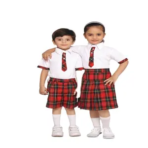 International School Uniform Custom Logo Unisex T shirt With Checks Fabric Shorts and Skirt Set