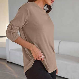 T-shirts à manches longues pour femmes, coupe ajustée, col rond, basiques, unis, printemps automne, vente en gros - Product Image 3