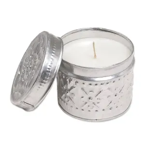 <b>Silver</b> Embossed Metal <b>Candlestick</b> Holder Lid Cylindrical Design Eco-Friendly Handmade for Home Decoration Heat Resistant - Product Image 1