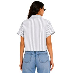 Camisa corta a rayas gris y blanca personalizada para mujer, con logotipo bordado personalizado, manga corta, abotonada, informal, blusa de verano, OEM - Product Image 2