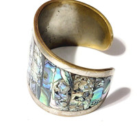 Bracelet manchette mosaïque en coquille d'ormeau fait main, incrustation de perles naturelles, style animalier, bijoux de mode écologiques, artisanat naturel pour femme