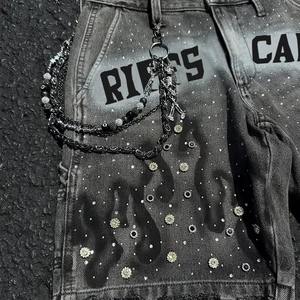 Shorts en jean pour hommes, impression personnalisée, tendance streetwear, shorts en jean avec chaînes pour hommes - Product Image 3