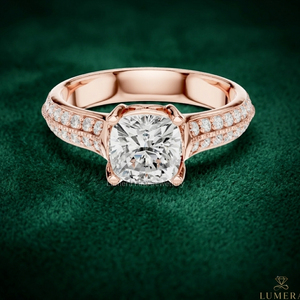 Luxury <b>Cushion</b> Cut Lab Grown Diamond Engagement <b>Ring</b> Double Row Pave Band Rose Gold Bridal <b>Ring</b> IGI Certified - Product Image 1