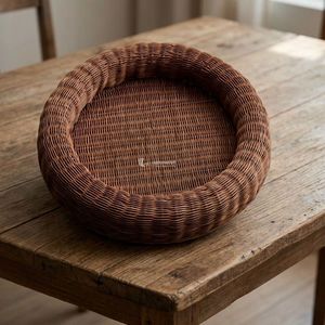 <b>Round</b> Rattan Storage Tray Minimalist Design for Desk Neatening and Organization Single Tier Multifunctional Woven <b>Basket</b> - Product Image 4
