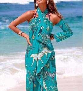 Vestido Maxi Cruzado con Estampado Tropical, Escote Halter con Abertura, Estilo Holgado para Vacaciones, Vestido de Playa de Verano, Colores Vibrantes, Étnico Bohemio - Product Image 4